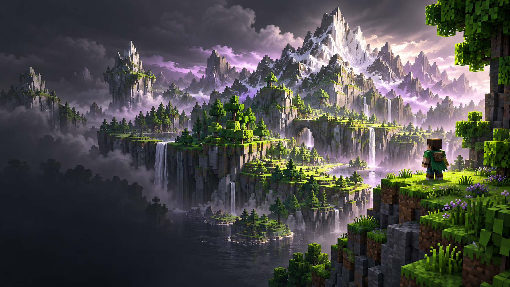 Блочный мир Minecraft с горами и зелёными островами